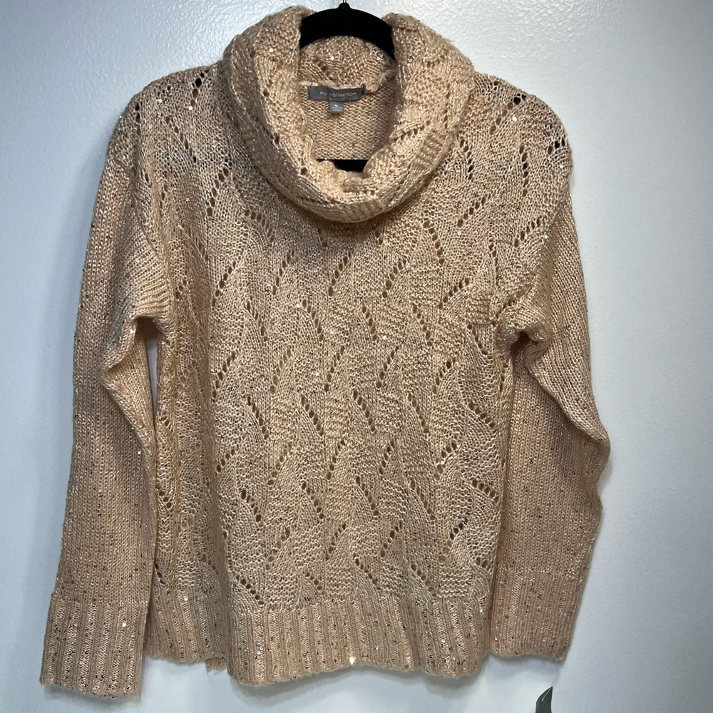 NY Collection “Tessa Color “Light Pink / Beige Cowl Neck Sequins Sweaterl NWT